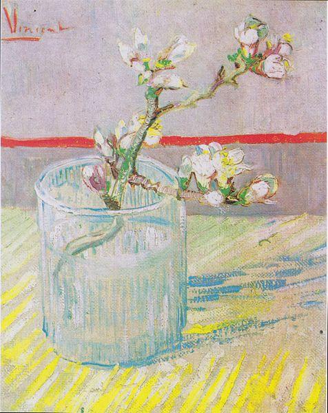 Vincent Van Gogh Flowering almond tree branch in a glass oil painting image